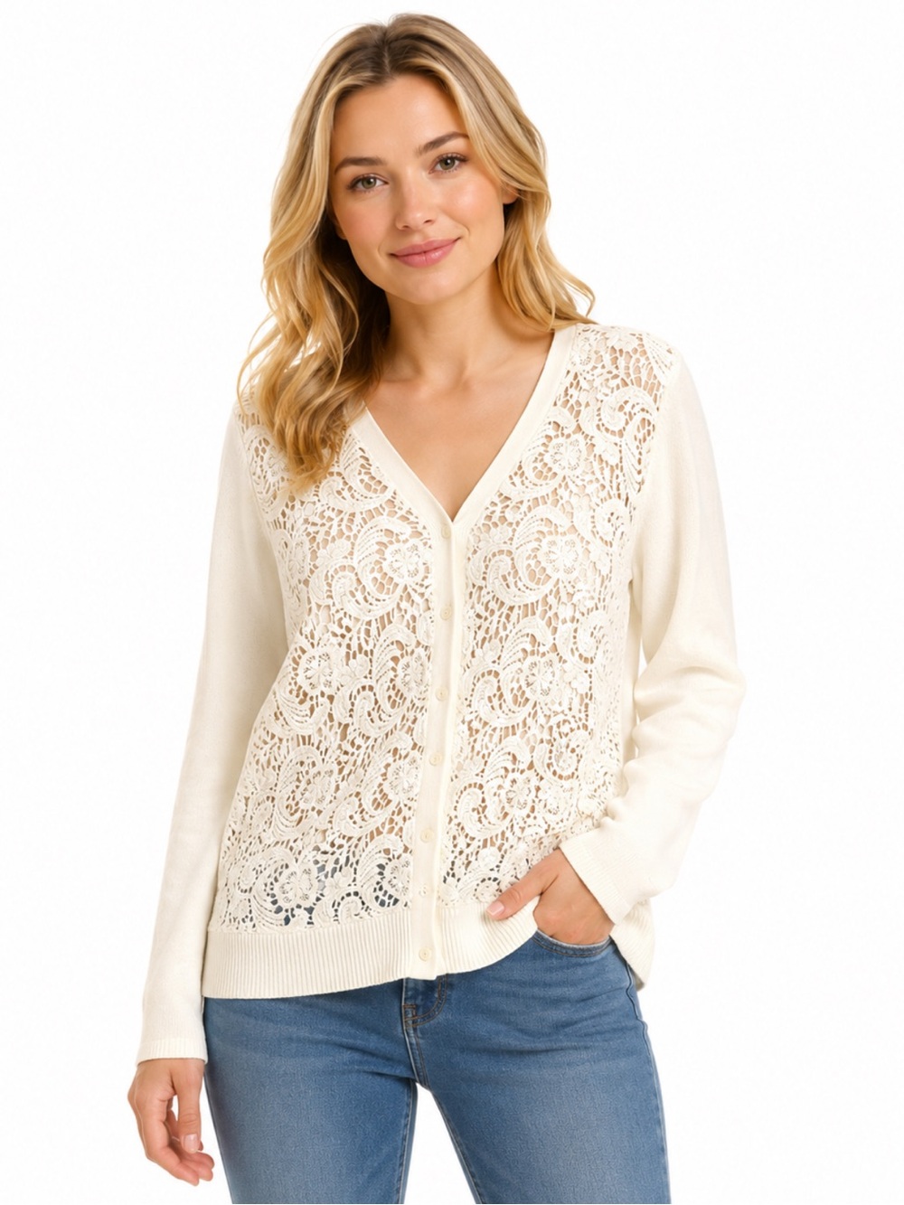 89th & Madison Ivory Lace Front Cardigan Sweater XL
